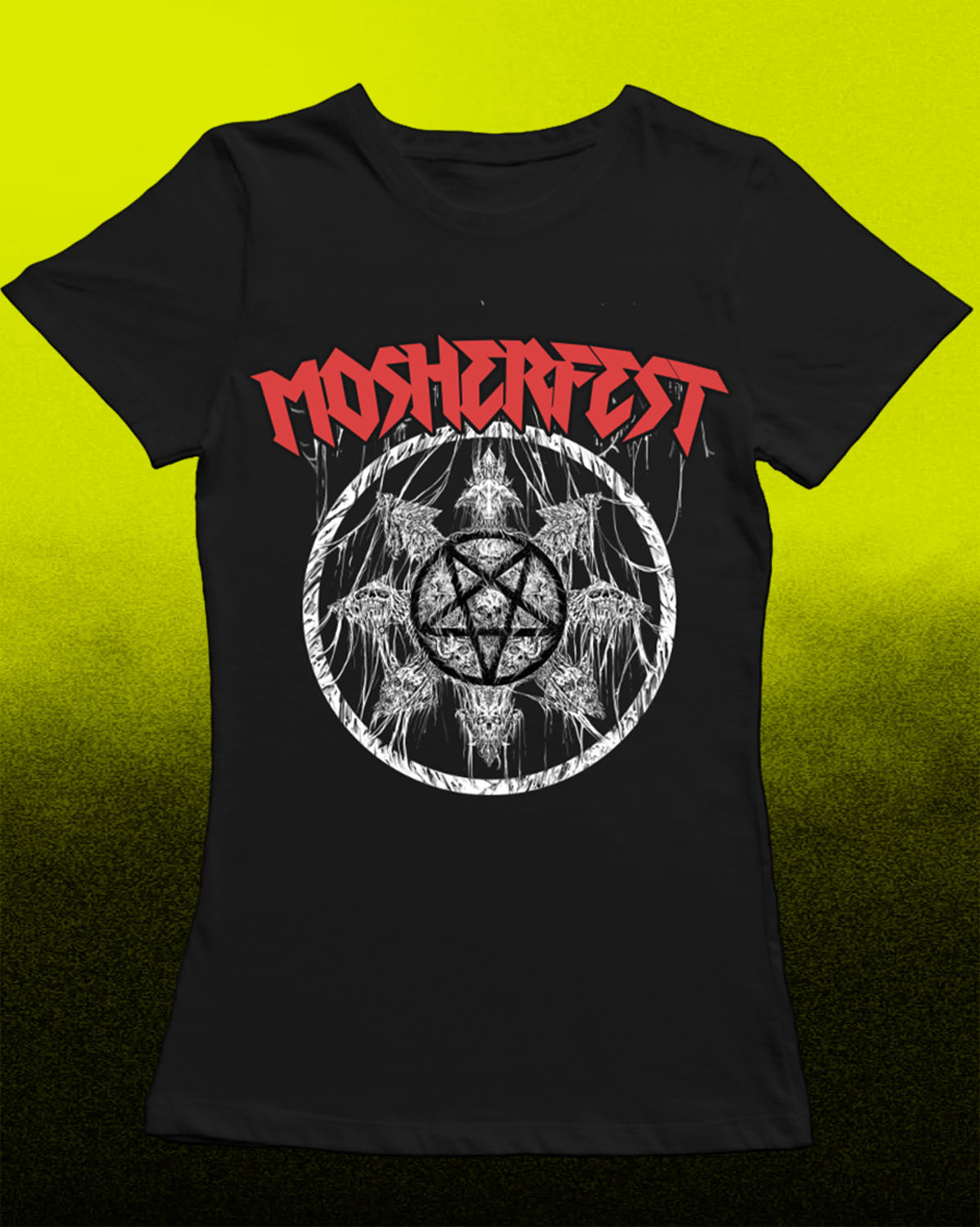 A black short-sleeve t-shirt featuring a red 'MOSHERFEST' band logo and a white circular graphic with skulls and pentagrams, displayed against a bright yellow-to-black gradient background.