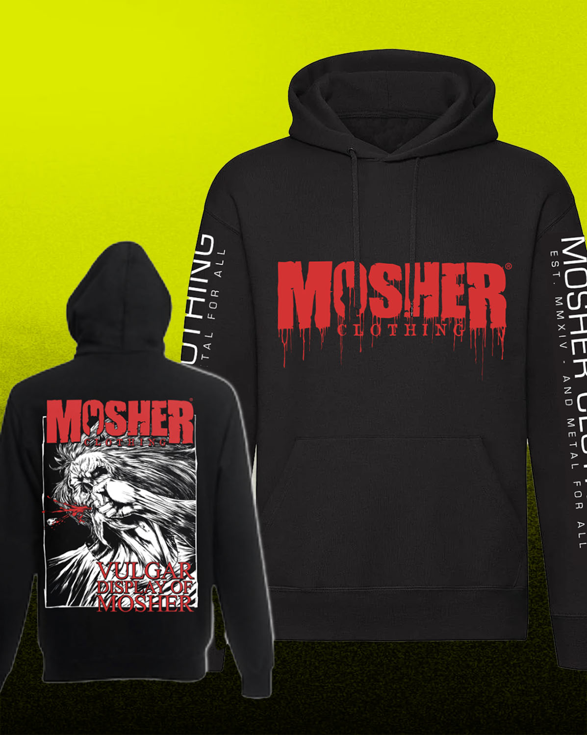 Black pullover hoodie shown from front and back on a black background with a bright yellow-green gradient backdrop. The front has large red dripping 'MOSHER CLOTHING' text across the chest, and the back has a large black-and-white lion graphic with red 'MOSHER' text.