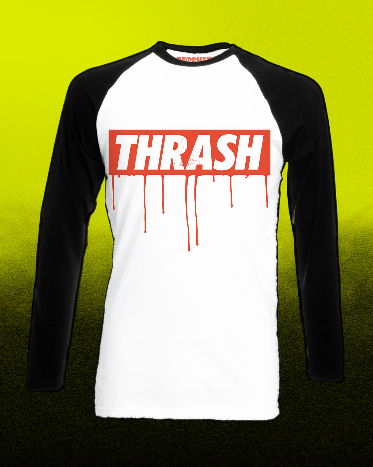 A long-sleeve raglan baseball t-shirt with a white body and black sleeves, featuring a red rectangular 'THRASH' graphic on the chest with red dripping paint details, set against a bright yellow-to-black gradient background.