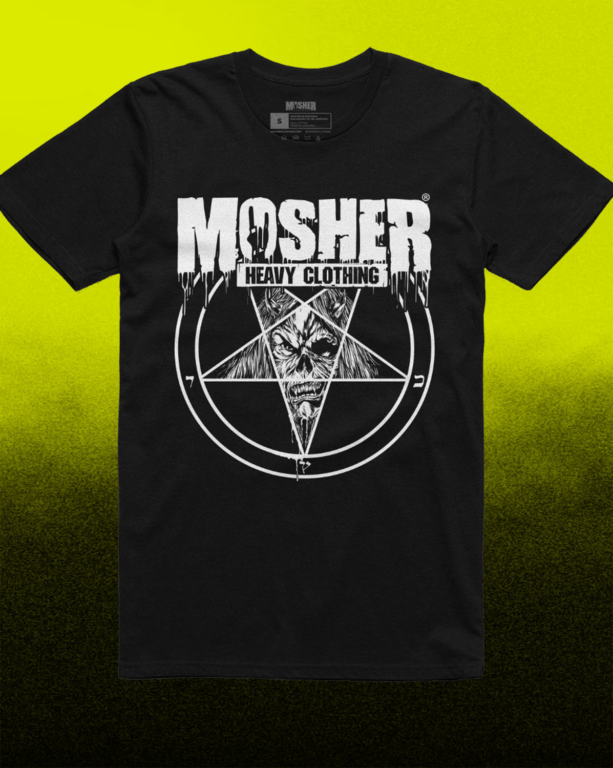 A black short-sleeve t-shirt with a white graphic print of the band Mosher Heavy Clothing, featuring a skull inside a pentagram and the word 'MOSHER' in a distressed font. The shirt is displayed flat against a bright yellow-to-black gradient background.