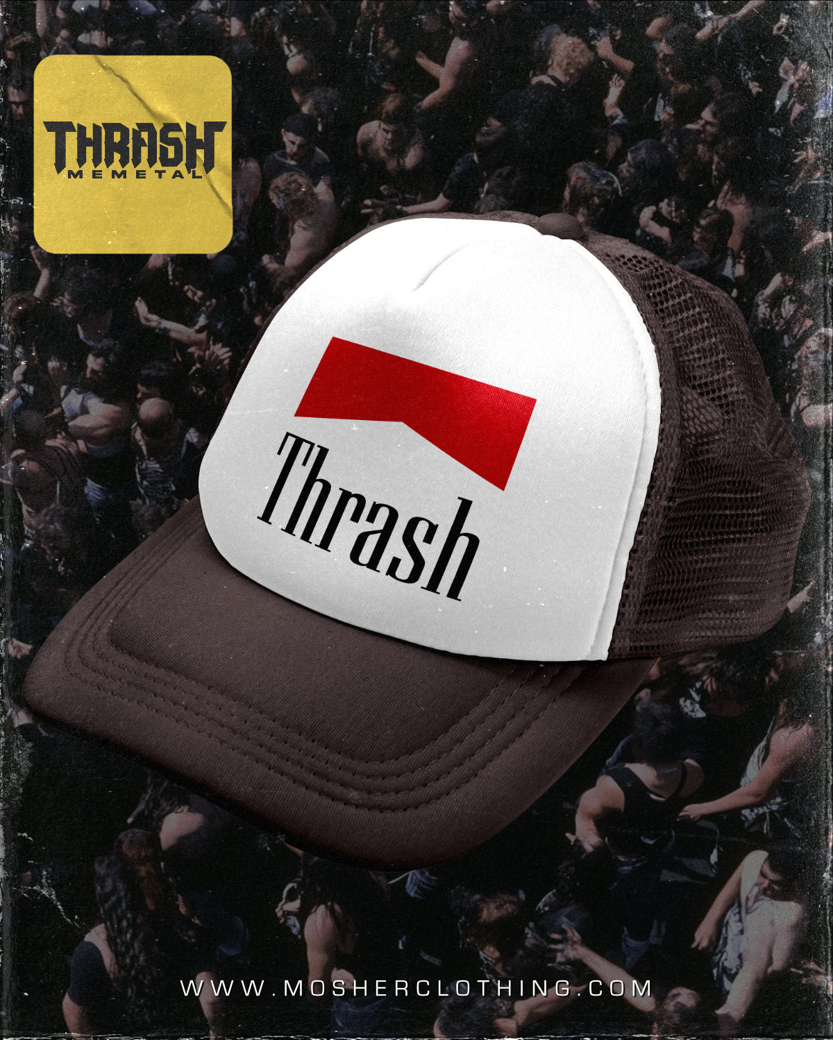 "Smoking Thrash" - Black and White Trucker Hat for Metalheads by Mosher Clothing