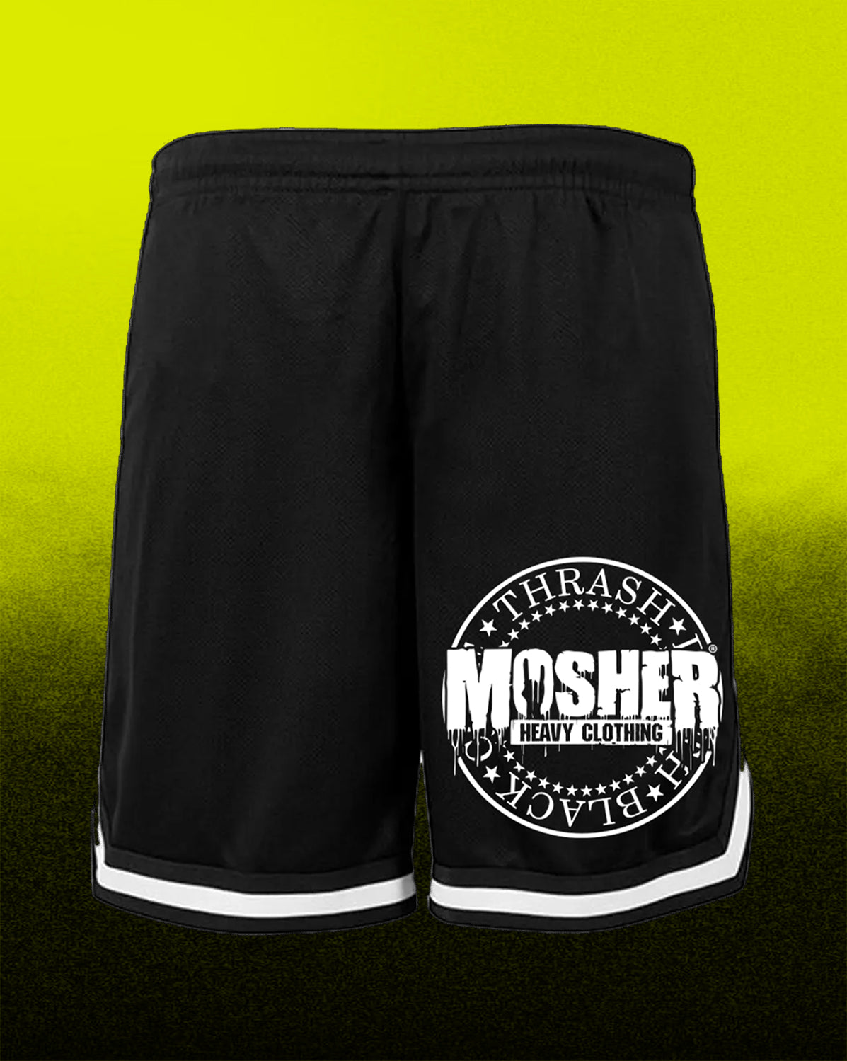 Black athletic shorts with white trim and a large white circular 'Thrasher Mosher Heavy Clothing' logo on the left leg, shown against a bright yellow-to-black gradient background.