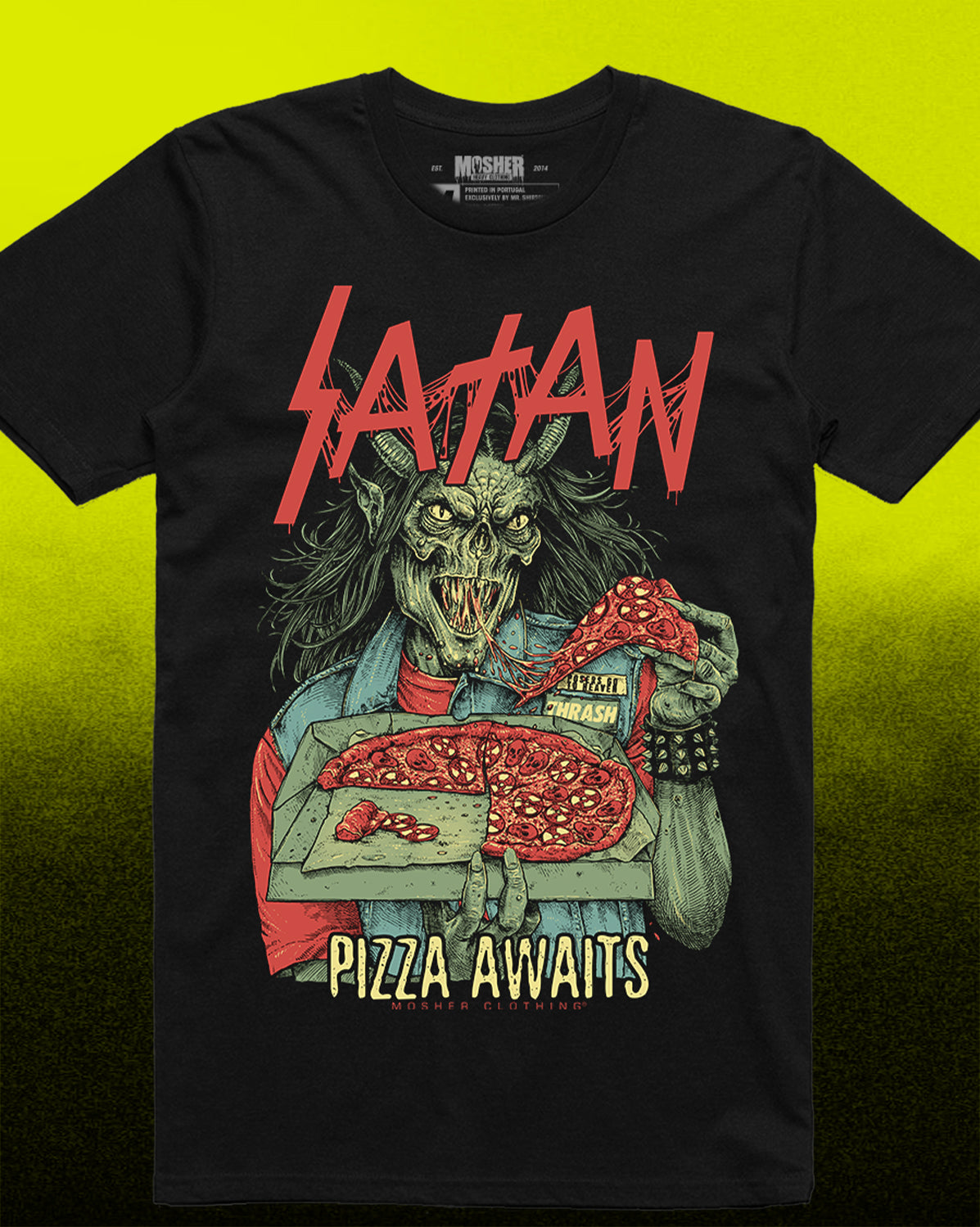 A black short-sleeve graphic t-shirt featuring a horror illustration of a horned demon holding a slice of pizza, with the word 'SATAN' in red above and 'PIZZA AWAITS' below, shown against a bright yellow-to-black gradient background.