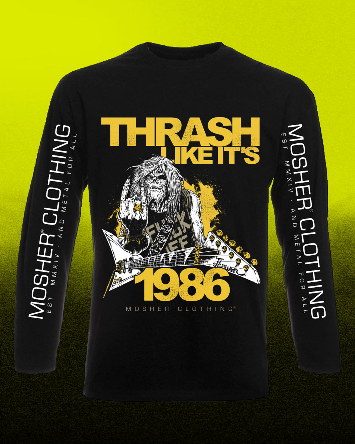 A black long-sleeve graphic t-shirt featuring a heavy metal band design with the text 'THRASH LIKE IT'S 1986' and 'MOSHER CLOTHING' printed on the sleeves, displayed against a bright yellow-to-black gradient background.