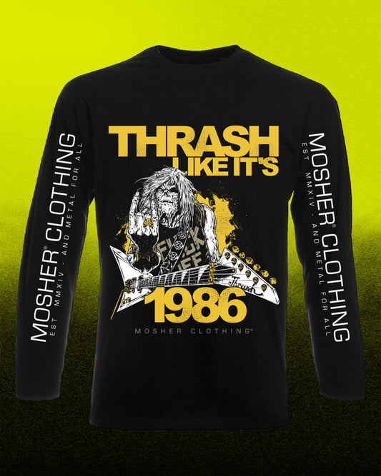 A black long-sleeve graphic t-shirt featuring a heavy metal band design with the text 'THRASH LIKE IT'S 1986' and 'MOSHER CLOTHING' printed on the sleeves, displayed against a bright yellow-to-black gradient background.
