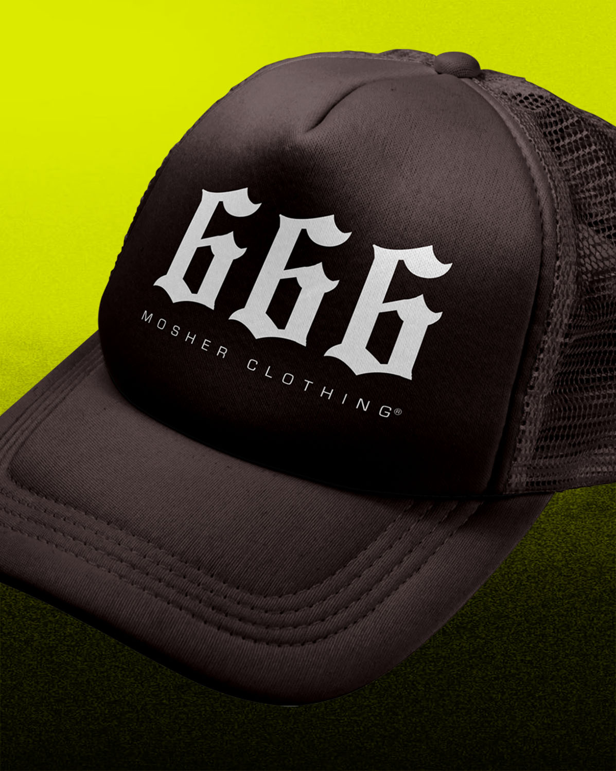 A black trucker hat with a white Gothic-style '666' logo and 'MOSHER CLOTHING' text on the front panel, shown against a bright yellow-to-dark-green gradient background.