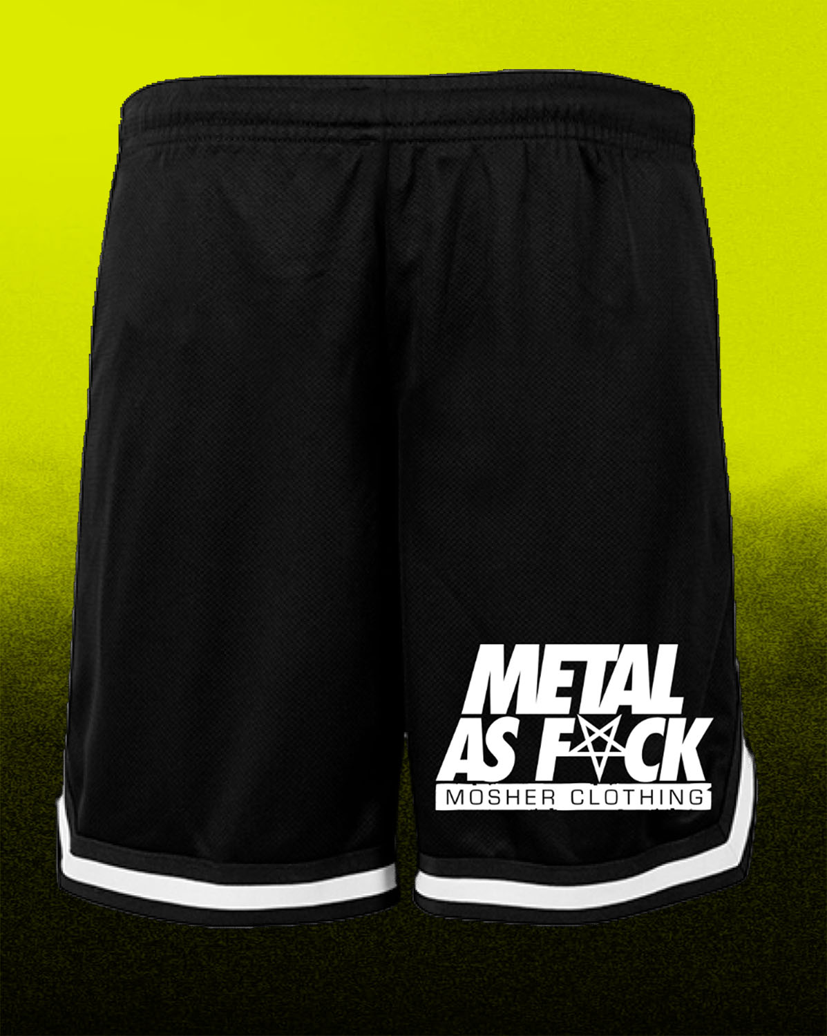 Black meshed shorts by Mosher Clothing with white "Metal As Fuck" logo printed on the front.