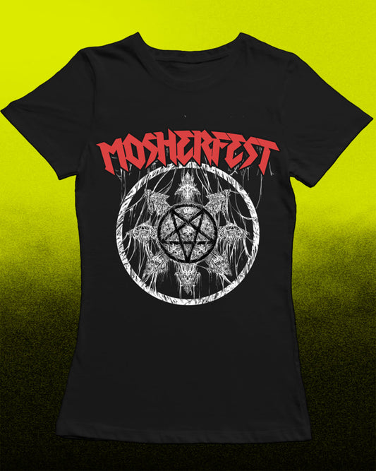A black short-sleeve t-shirt featuring a red 'MOSHERFEST' band logo and a white circular graphic with skulls and pentagrams, displayed against a bright yellow-to-black gradient background.