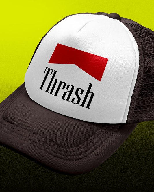 "Smoking Thrash" - Black and White Trucker Hat for Metalheads by Mosher Clothing