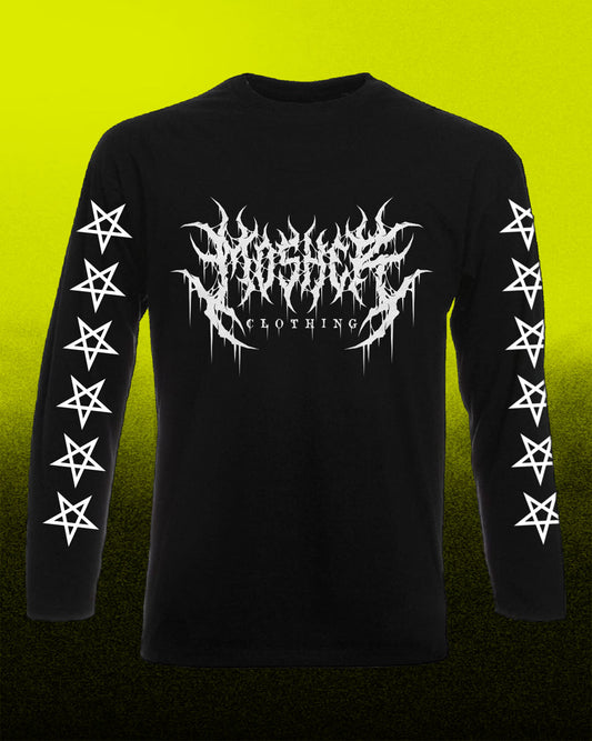 A black long-sleeve t-shirt with a white gothic metal band logo reading 'MOSHER CLOTHING' across the chest, featuring white pentagram graphics printed down both sleeves, displayed against a bright yellow-to-black gradient background.