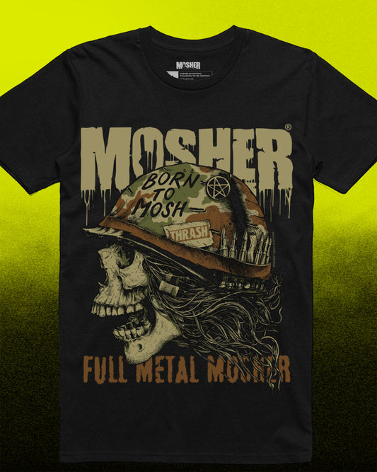 A black short-sleeve graphic t-shirt featuring a skull wearing a camouflage hard hat with the text 'BORN TO MOSH' and 'THRASH', with 'MOSHER' in large dripping letters above and 'FULL METAL Moshier' below, set against a bright yellow-to-black gradient background.