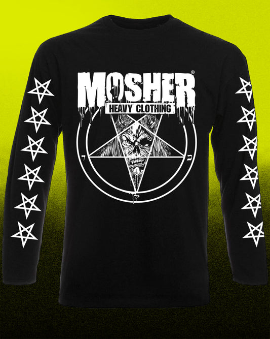 A black long-sleeve t-shirt with a white graphic print on the front featuring the text 'MOSHER HEAVY CLOTHING' and a pentagram design, with matching white pentagrams printed down both sleeves, set against a bright yellow-to-black gradient background.