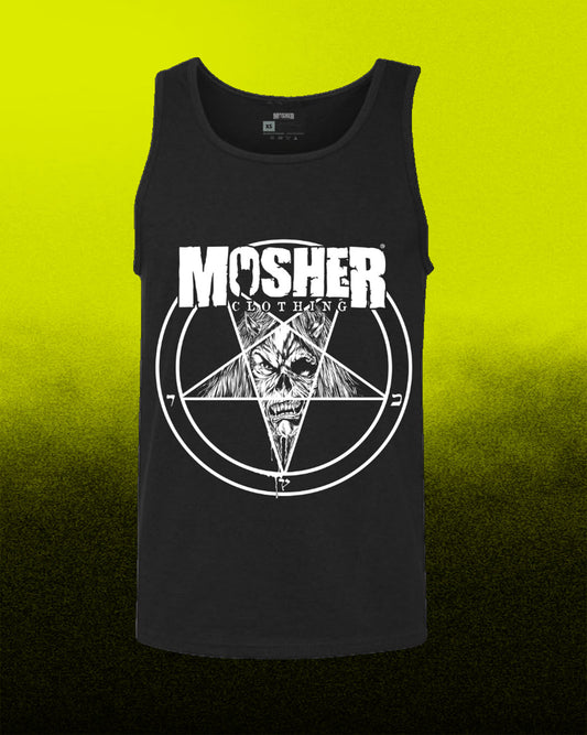 A black sleeveless tank top with a large white graphic print on the front featuring the text 'MOSHER' and a pentagram design, displayed against a bright yellow-to-black gradient background.