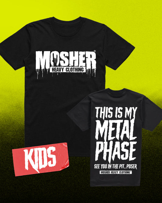 Two black graphic t-shirts displayed on a bright yellow-to-black gradient background. The larger shirt shows the white text 'MOSHER HEAVY CLOTHING' with a dripping effect, and the smaller shirt shows 'THIS IS MY METAL PHASE' with 'SEE YOU IN THE PIT, POSER' below.