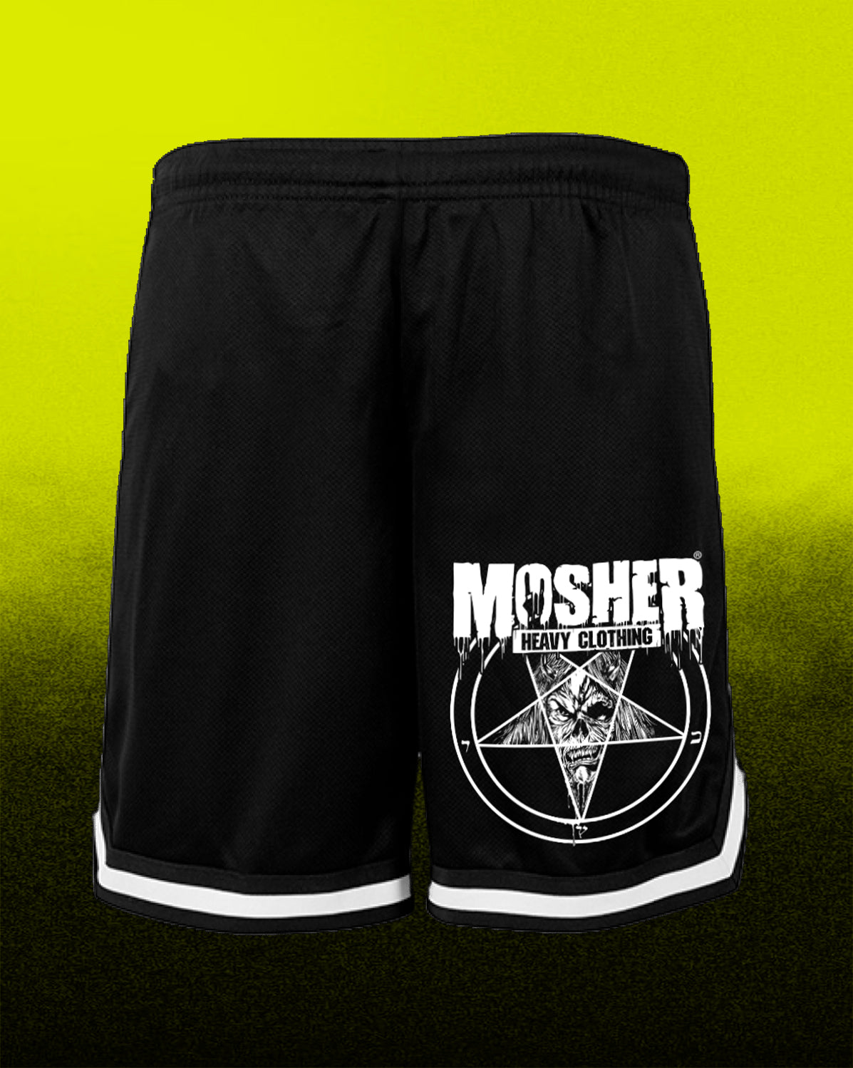 Black athletic shorts with a white graphic print featuring the text 'MOSHER HEAVY CLOTHING' and a pentagram design, shown against a bright yellow-to-black gradient background.