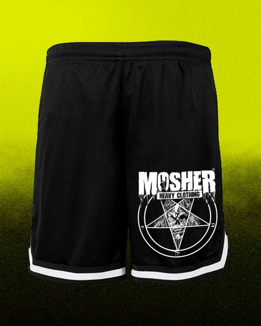 Black athletic shorts with a white graphic print featuring the text 'MOSHER HEAVY CLOTHING' and a pentagram design, shown against a bright yellow-to-black gradient background.