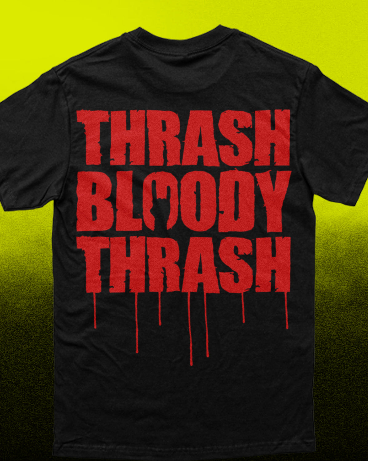 A black short-sleeve t-shirt with a bold red graphic text print reading 'THRASH BLOODY THRASH' in a dripping distressed font, shown against a bright yellow-to-black gradient background.