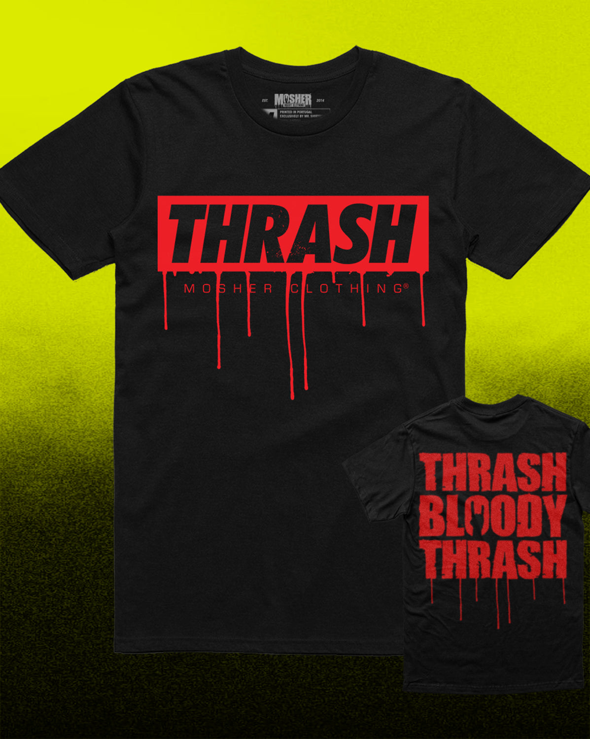 A black short-sleeve graphic T-shirt shown on a bright yellow-to-black gradient background, with a smaller inset view of the same shirt at lower right. The front graphic reads “THRASH” in black inside a red rectangular block, with red dripping lines and smaller text reading “Moshier Clothing” beneath.