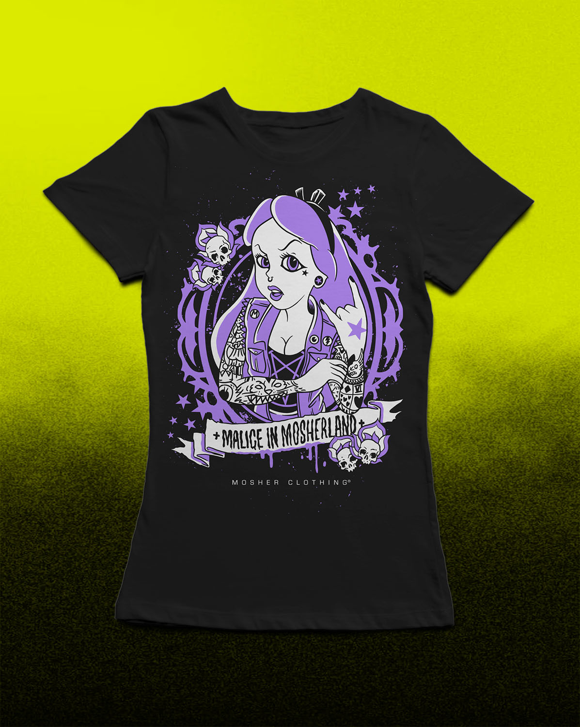 A black short-sleeve graphic t-shirt featuring a purple and white illustration of a girl with purple hair and the text 'MORALITY IN MASHENLAND' and 'MORSHENLAND CLOTHING', displayed against a yellow-to-black gradient background.