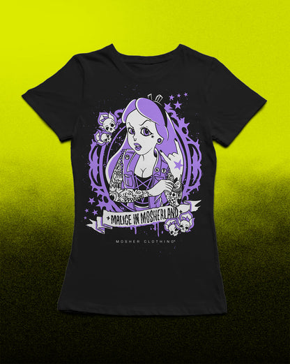 A black short-sleeve graphic t-shirt featuring a purple and white illustration of a girl with purple hair and the text 'MORALITY IN MASHENLAND' and 'MORSHENLAND CLOTHING', displayed against a yellow-to-black gradient background.
