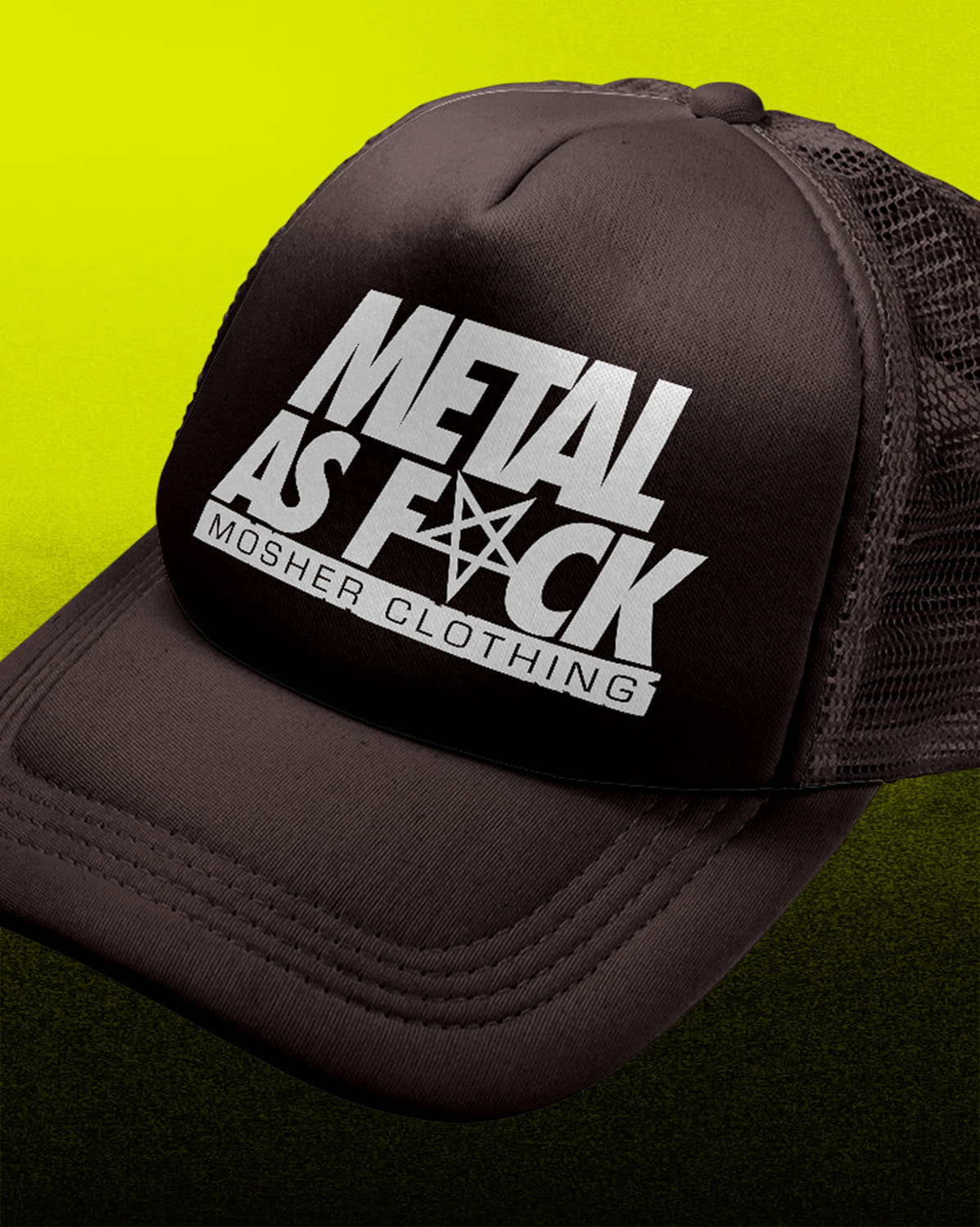 A black trucker hat with a white graphic reading 'METAL AS F*CK' and 'MOSHER CLOTHING' on the front panel, shown against a bright yellow-to-dark-green gradient background.