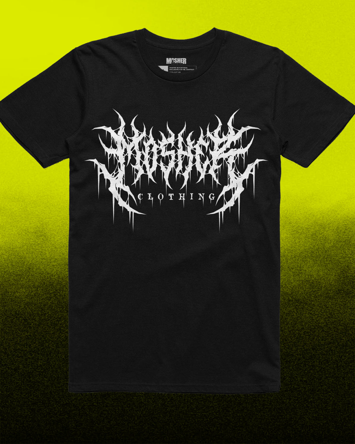A black short-sleeve t-shirt with a white spiky metal-style graphic reading 'MOSHER Clothing' across the chest, displayed against a bright yellow-to-black gradient background.