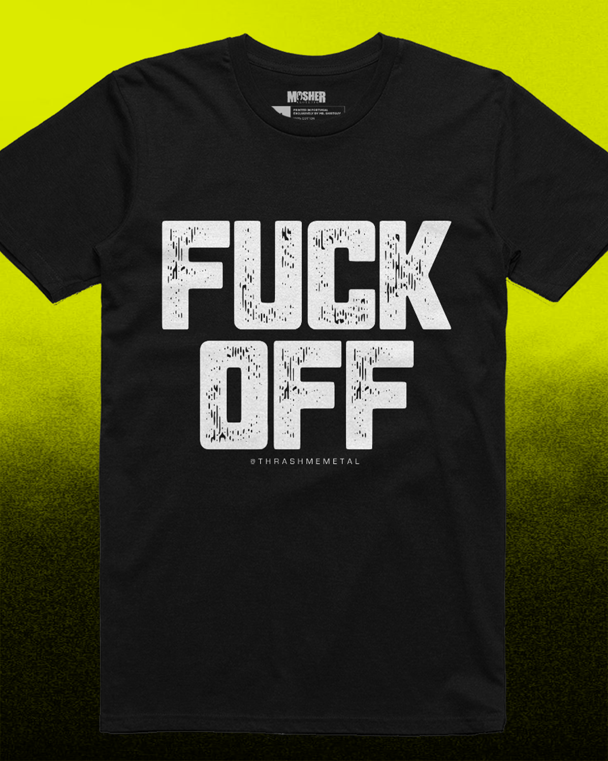 Black t-shirt with 'FUCK OFF' text on a gradient yellow to black background