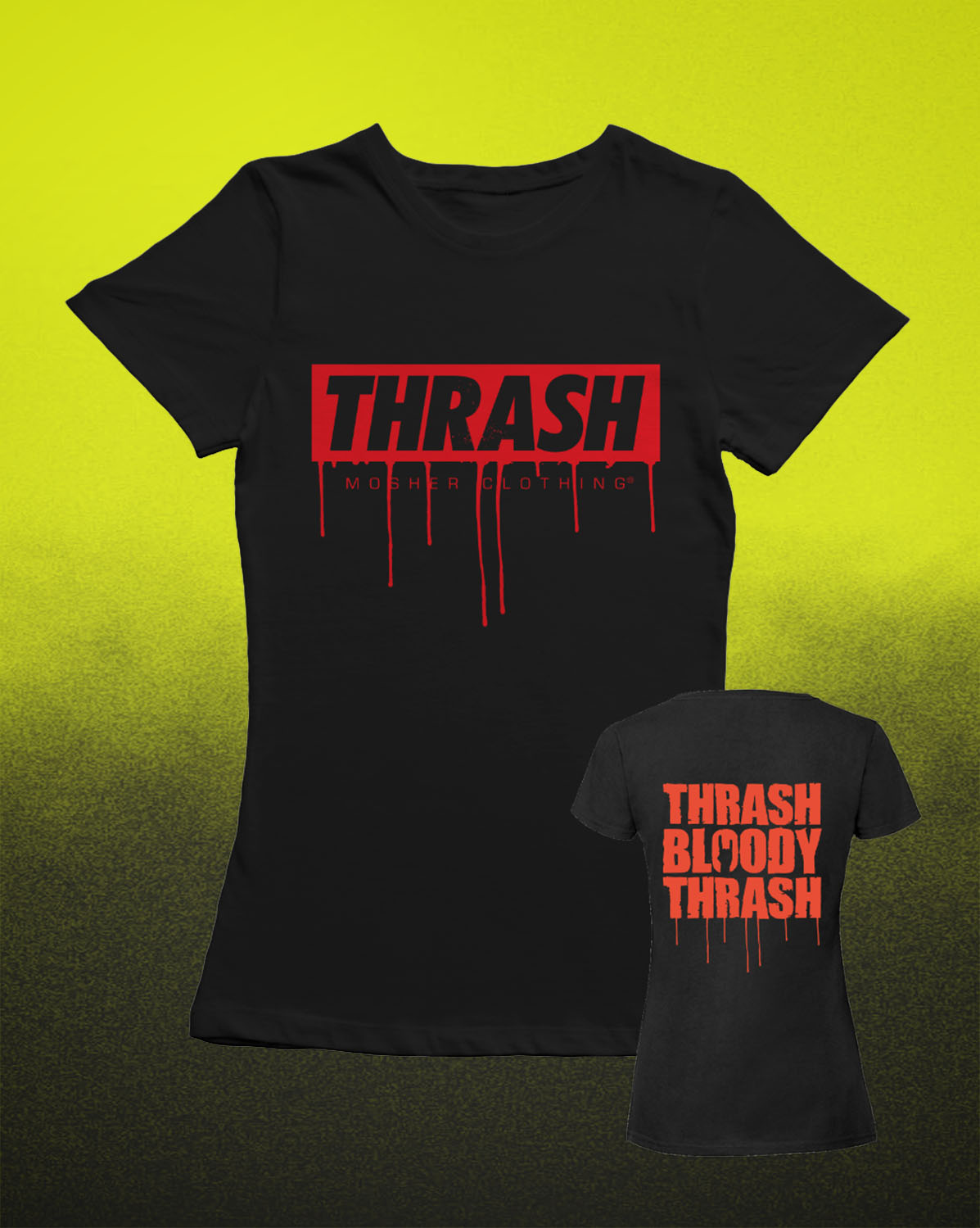 Black short-sleeve graphic T-shirt shown from the front and back on a stylized yellow-to-black gradient background. The front has a large red rectangular 'THRASH' graphic with dripping red text underneath reading 'BLOODY THRASH.