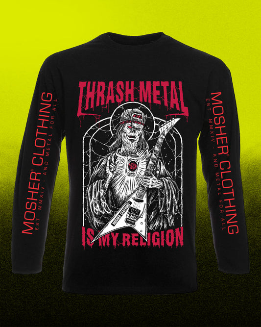 A black long-sleeve graphic t-shirt featuring a detailed white and red illustration of a grim reaper playing a guitar, with the text 'THRASH METAL IS MY RELIGION' printed on the front. The sleeves also feature the text 'MOSHER CLOTHING' in red.