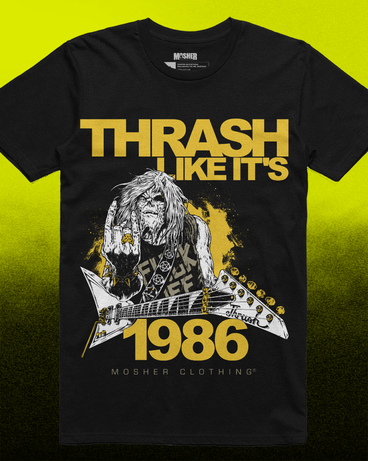 Black t-shirt with graphic design of a musician playing guitar and text 'THRASH LIKE IT'S 1986' on a yellow background.