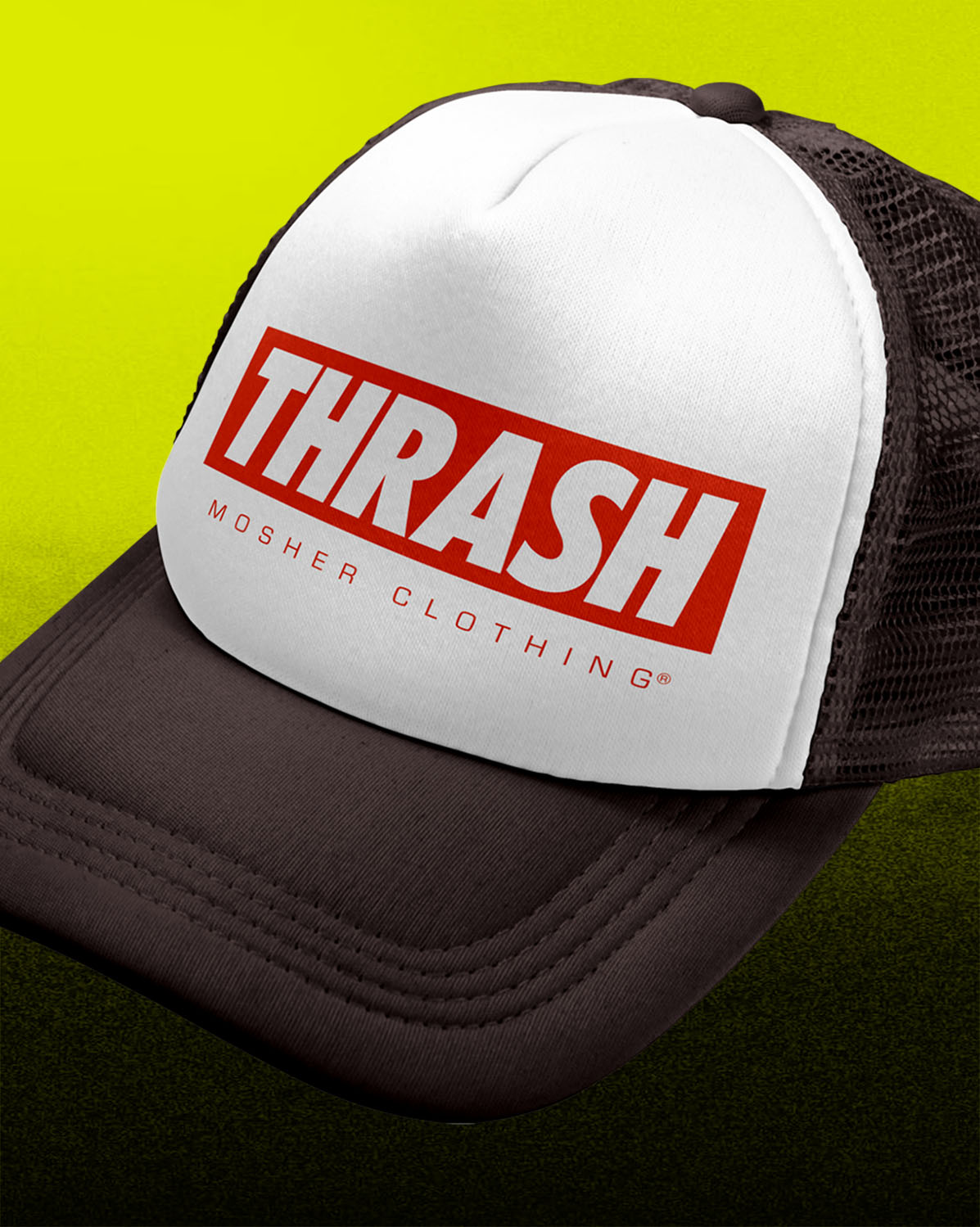 A close-up of a trucker hat with a white front panel, black mesh back, and a bold red and white 'THRASH' logo on the front, set against a bright yellow-to-dark-green gradient background.