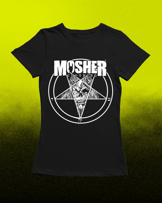 A black short-sleeve t-shirt with a white graphic print featuring the word 'MOSHER' and a pentagram design, displayed against a bright yellow-to-black gradient background.
