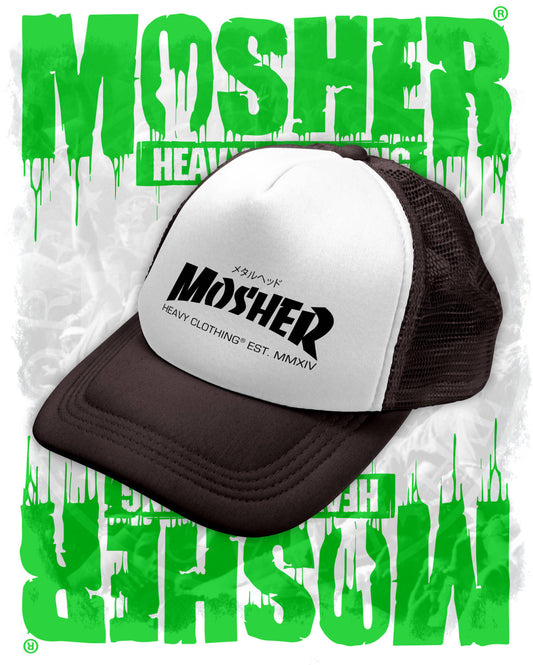 Grinder Trucker Hat White by Mosher Clothing for metalheads